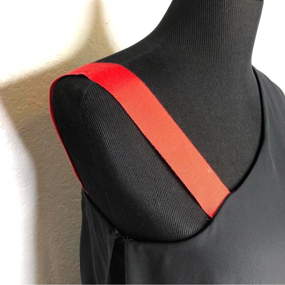 Erin Fetherston black sheer silk overlay one shoulder red strap dress size 6 - Picture 7 of 15